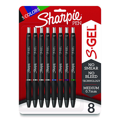 Sharpie S-Gel High-Performance Gel Pen, Retractable, Medium 0.7 mm, Five Assorted Ink Colors, Black Barrel, 8/Pack (2126231)