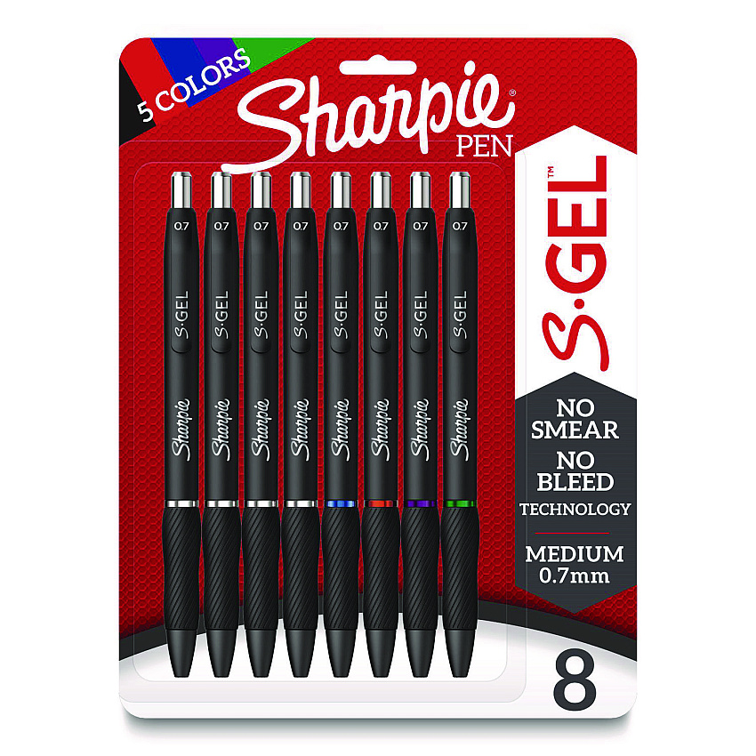 Sharpie S-Gel High-Performance Gel Pen, Retractable, Medium 0.7 mm, Five Assorted Ink Colors, Black Barrel, 8/Pack (2126231)