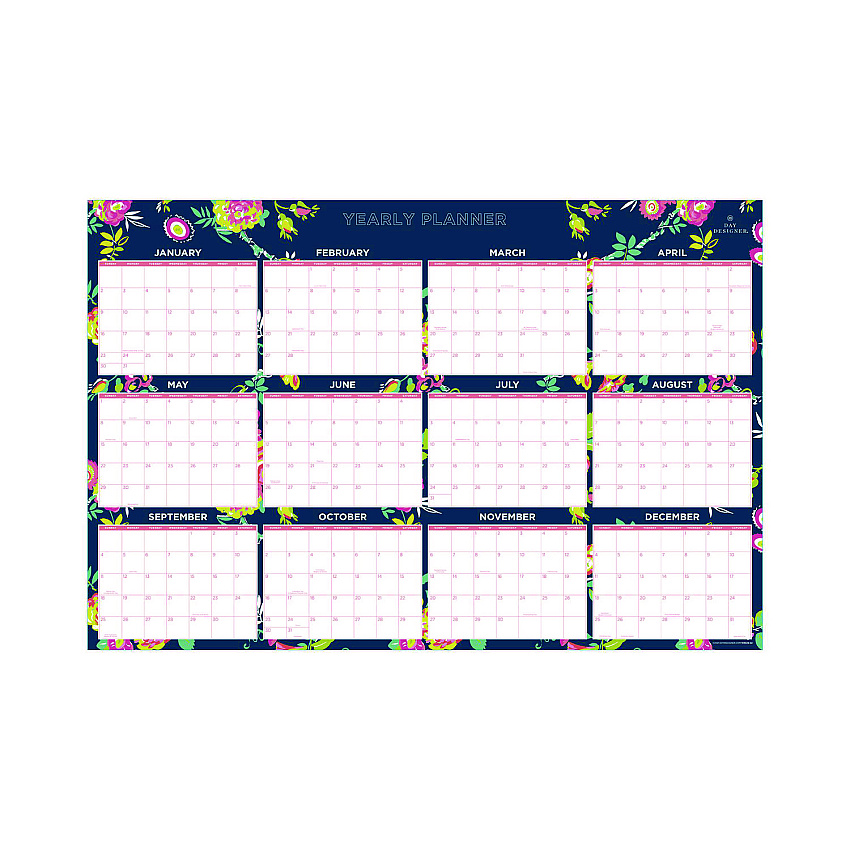 Blue Sky Day Designer Peyton Laminated Erasable Wall Calendar, Floral Artwork, 36 x 24, White/Navy Sheets, 12-Month (Jan to Dec): 2026 (103632)