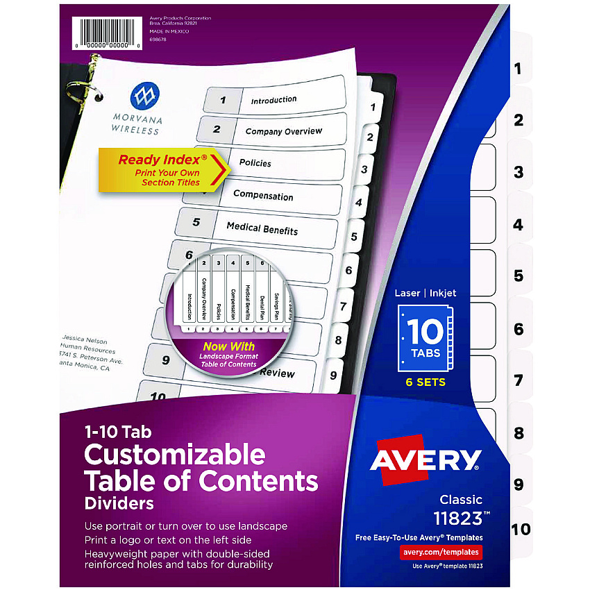 Avery Customizable Table of Contents Ready Index Black and White Dividers, 10-Tab, 1 to 10, 11 x 8.5, White, 6 Sets (11823)