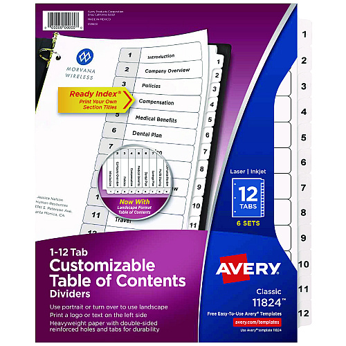 Avery Customizable Table of Contents Ready Index Black and White Dividers, 12-Tab, 1 to 12, 11 x 8.5, White, 6 Sets (11824)