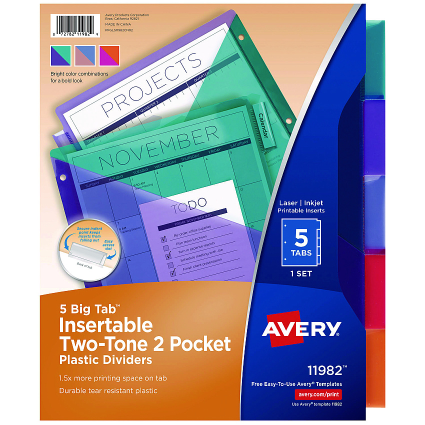 Avery Big Tab Insertable Two-Pocket Plastic Dividers, 5-Tab, 11.13 x 9.25, Assorted, 1 Set (11982)