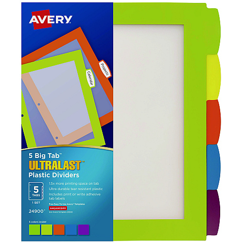 Avery Big Tab Ultralast Plastic Dividers, 5-Tab, 11 x 8.5, Assorted, 1 Set (24900)