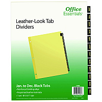 Office Essentials Preprinted Black Leather Tab Dividers, 12-Tab, Jan. to Dec., 11 x 8.5, Buff, 1 Set (11484)