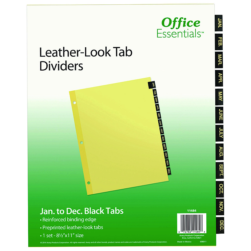 Office Essentials Preprinted Black Leather Tab Dividers, 12-Tab, Jan. to Dec., 11 x 8.5, Buff, 1 Set (11484)
