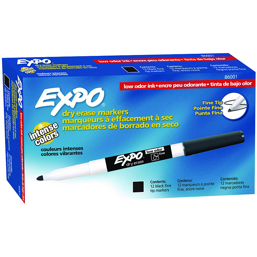 EXPO Low-Odor Dry-Erase Marker, Fine Bullet Tip, Black, Dozen (86001)