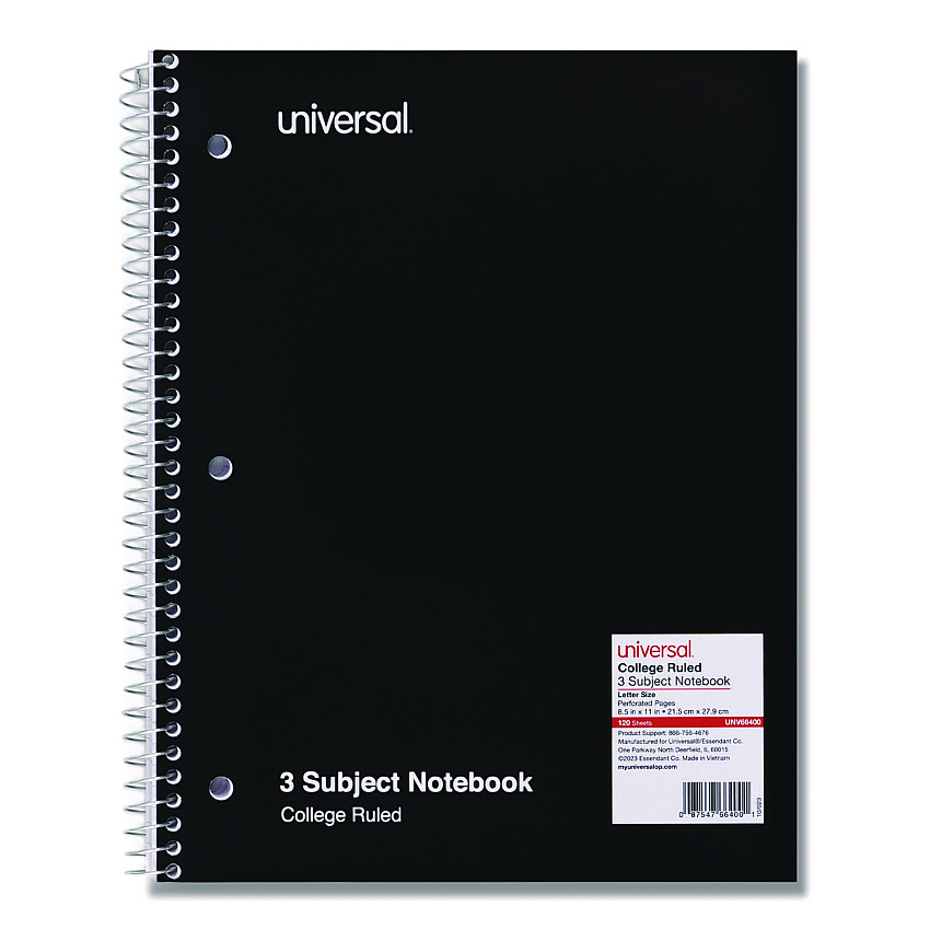 Universal Wirebound Notebook, 3-Subject, Medium/College Rule, Black Cover, (120) 11 x 8.5 Sheets (UNV66400)