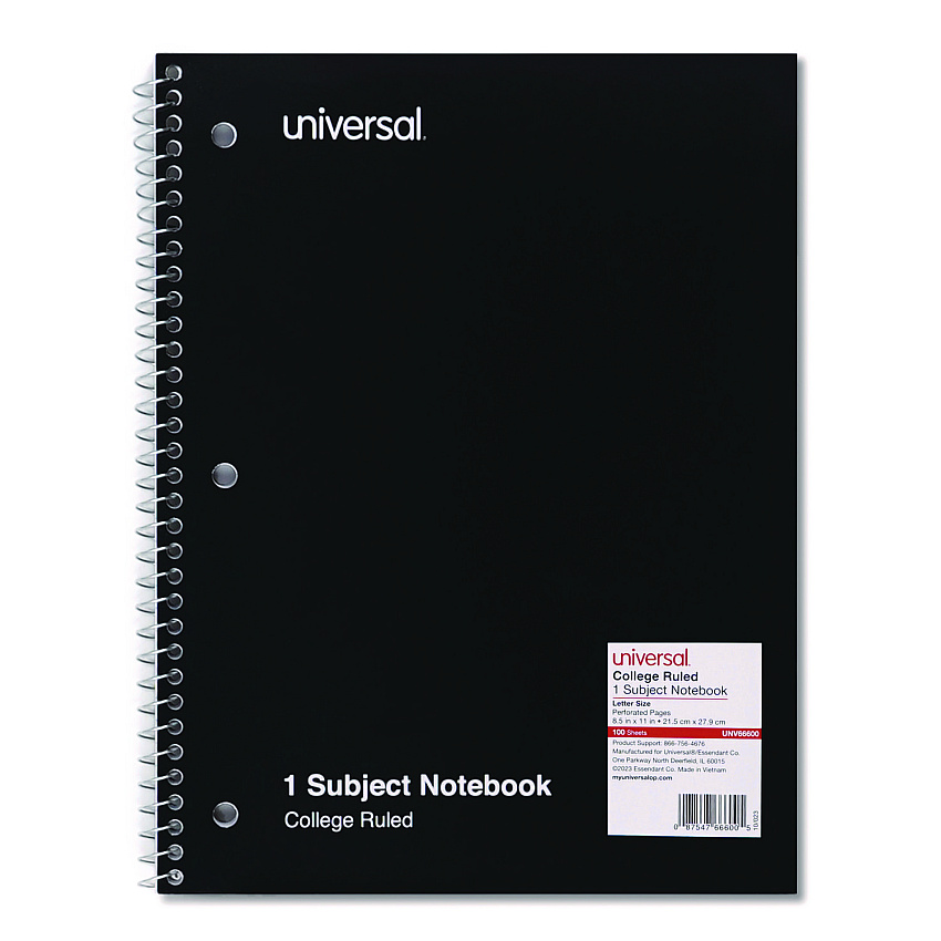 Universal Wirebound Notebook, 1-Subject, Medium/College Rule, Black Cover, (100) 11 x 8.5 Sheets (UNV66600)