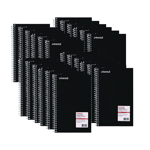 Universal Wirebound Notebook, 3-Subject, Medium/College Rule, Black Cover, (120) 9.5 x 6 Sheets (UNV66410)