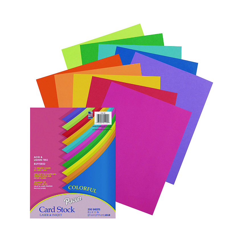 Pacon Array Card Stock, 65 lb Cover Weight, 8.5 x 11, Assorted Lively Colors, 250/Pack (101199)