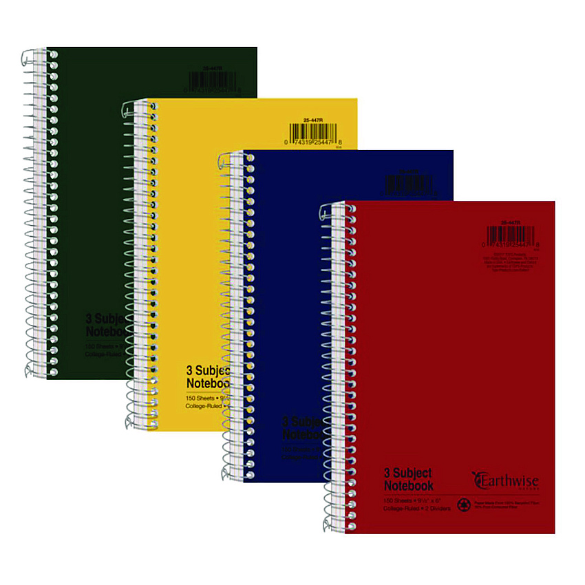 Earthwise by Oxford Recycled Small Notebooks, 3-Subject, Medium/College Rule, Randomly Assorted Covers, (150) 9.5 x 6 Sheets (25447)