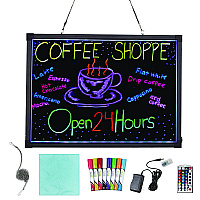 Alpine LED Illuminated Hanging Message Writing Board, 19.7" x 27.6", Black Surface, Black Aluminum Frame (ALP49503)