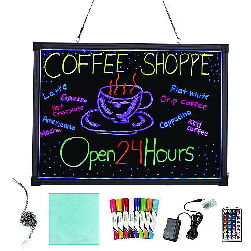 Alpine LED Illuminated Hanging Message Writing Board, 19.7" x 27.6", Black Surface, Black Aluminum Frame (ALP49503)