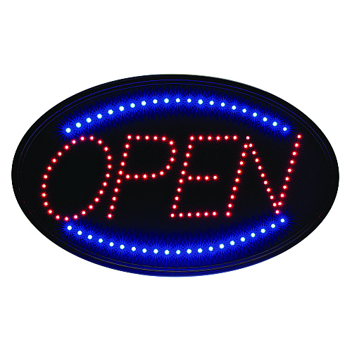 Alpine LED Oval Open Sign, 23 x 14, Black Frame, Blue/Red Graphics (ALP49702)