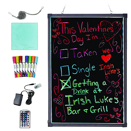 Alpine LED Illuminated Hanging Message Writing Board, 23.6" x 31.5", Black Surface, Black Aluminum Frame (ALP49504)