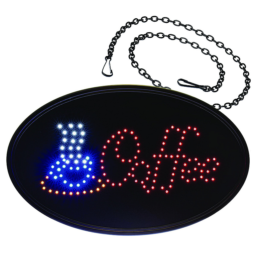 Alpine LED Oval Coffee Sign, 23 x 14, Black Frame, Blue/Red Graphics (ALP49705)