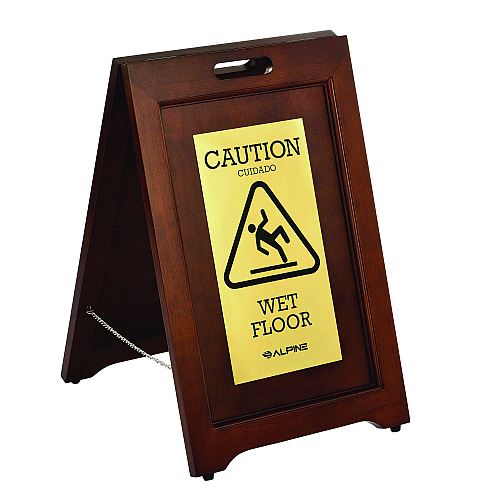 Alpine 2-Sided Plated Wooden A-Frame Bilingual Wet Floor Sign, 15 x 2 x 24, Brass (ALP499BRA)