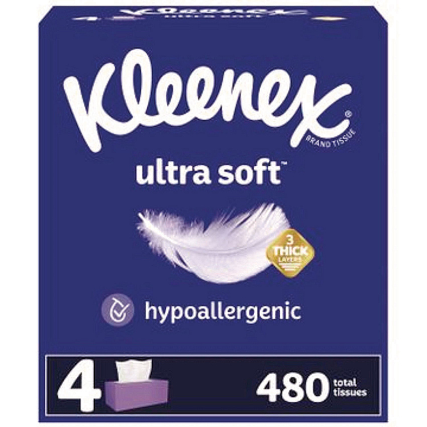 Kleenex Ultra Soft Facial Tissue, 3-Ply, White, 120/Box, 4 Boxes/Pack, 8 Packs/Carton (54316)
