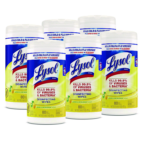 Lysol&reg; Disinfecting Wipes, Lemon & Lime, 80 Wipes, 6 Canisters (77182CT)