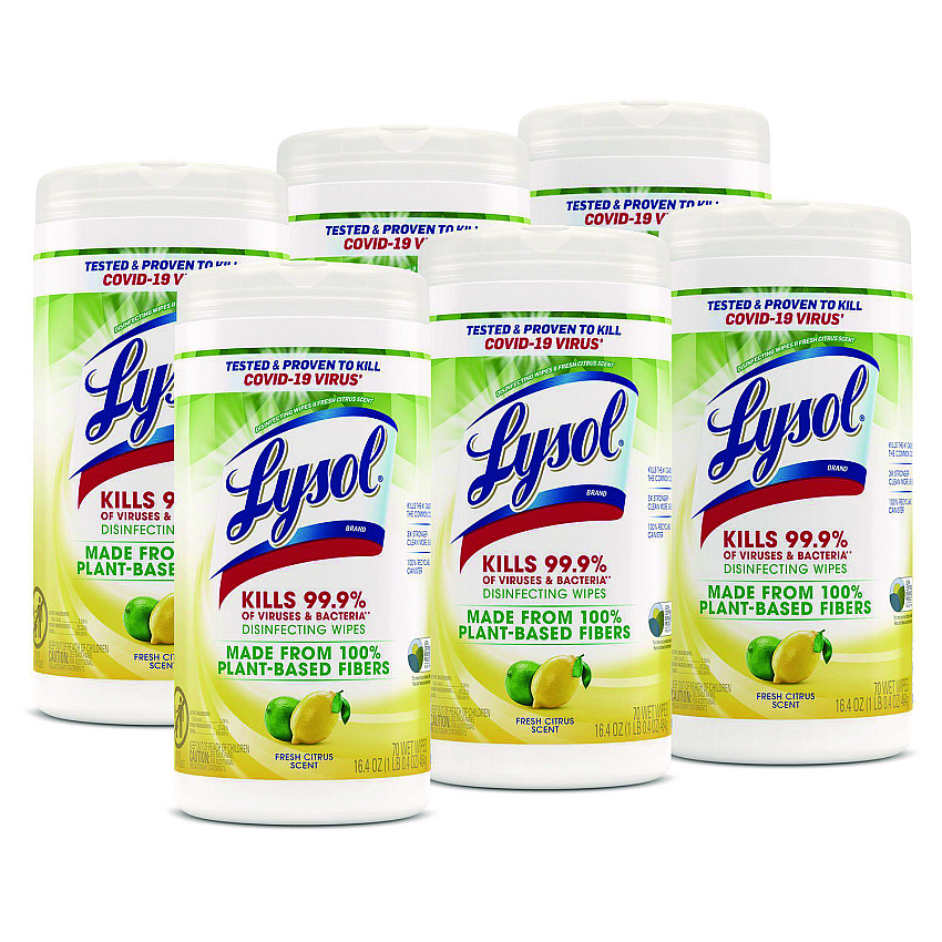 Lysol&reg; Disinfecting Wipes, Fresh Citrus, 70 Wipes, 6 Canisters (49128CT)