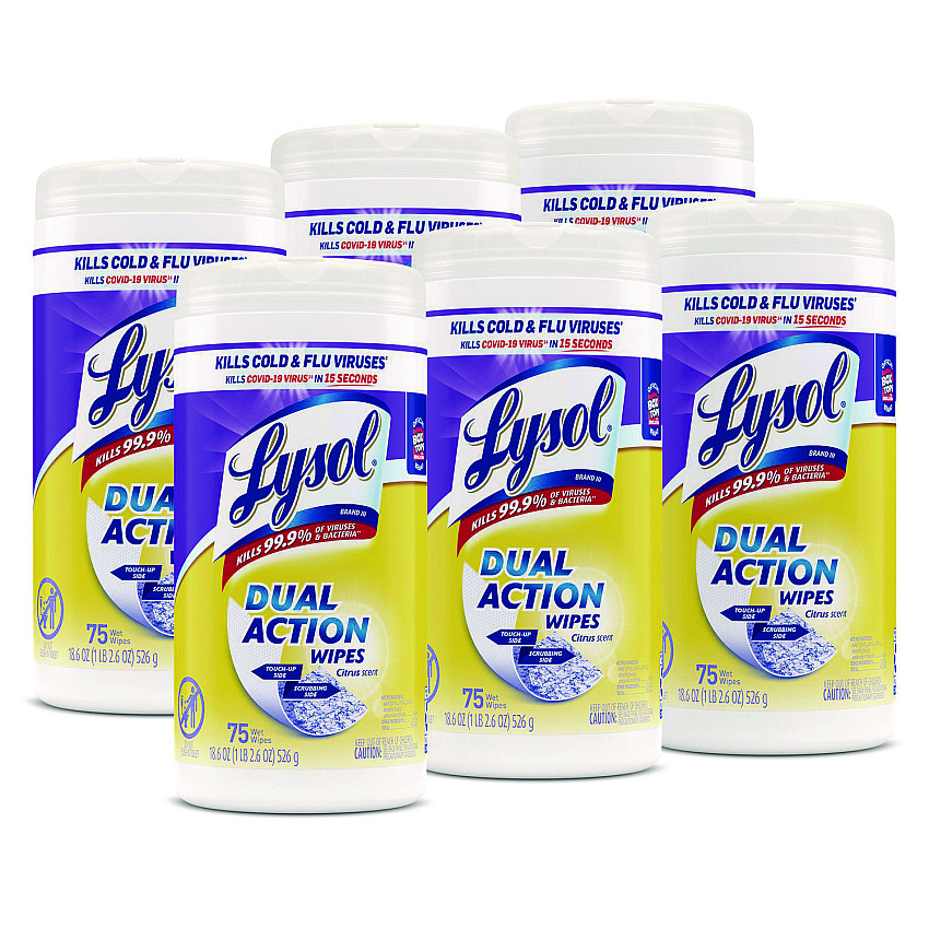 Lysol&reg; Dual Action Disinfecting Wipes, 1-Ply, 75 Wipes per Canister, 6 Canisters (81700CT)