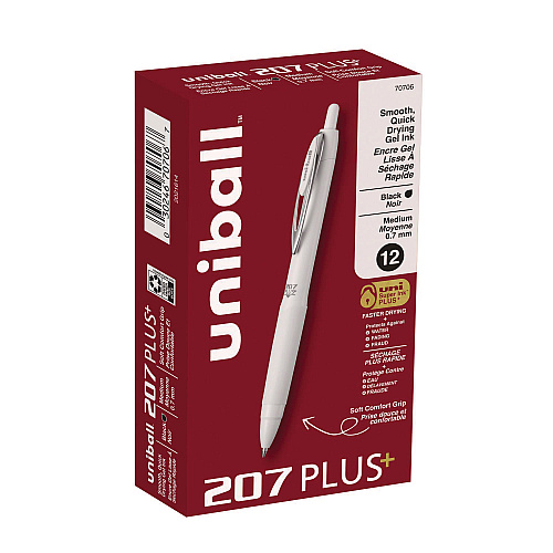 uni-ball 207 Plus+ Gel Pen, Retractable, Medium 0.7 mm, Black Ink, White Barrel, Dozen (70706)
