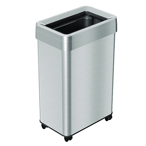 HLS Commercial Open Top Trash Can with Wheels, Rectangular, 16 gal, Plastic/Stainless Steel, Silver (HLS16UOTM)