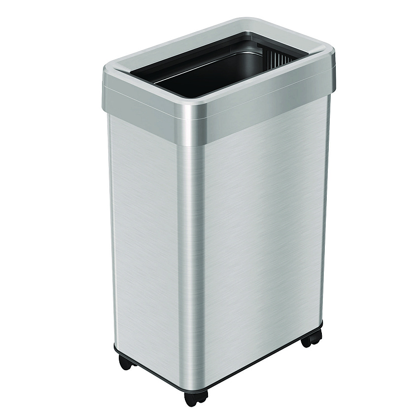 HLS Commercial Open Top Trash Can with Wheels, Rectangular, 16 gal, Plastic/Stainless Steel, Silver (HLS16UOTM)