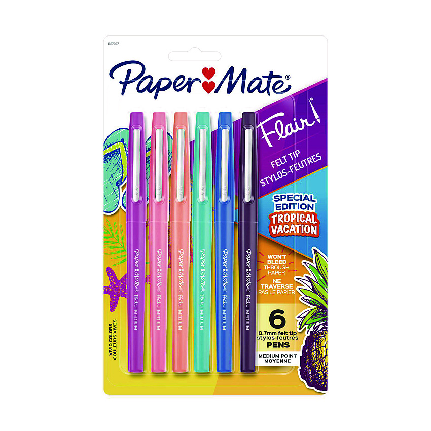 Paper Mate Flair Felt Tip Porous Point Pen, Stick, Medium 0.7 mm, Assorted Ink and Barrel Colors, 6/Pack (1927997)