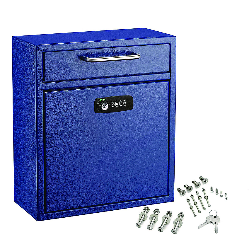 AdirOffice Medium Secure Drop Box Wall Mounted Locking Mail Box with Key and Combination Lock, 10.51 x 4.72 x 12, Blue (I63105BLUKC)