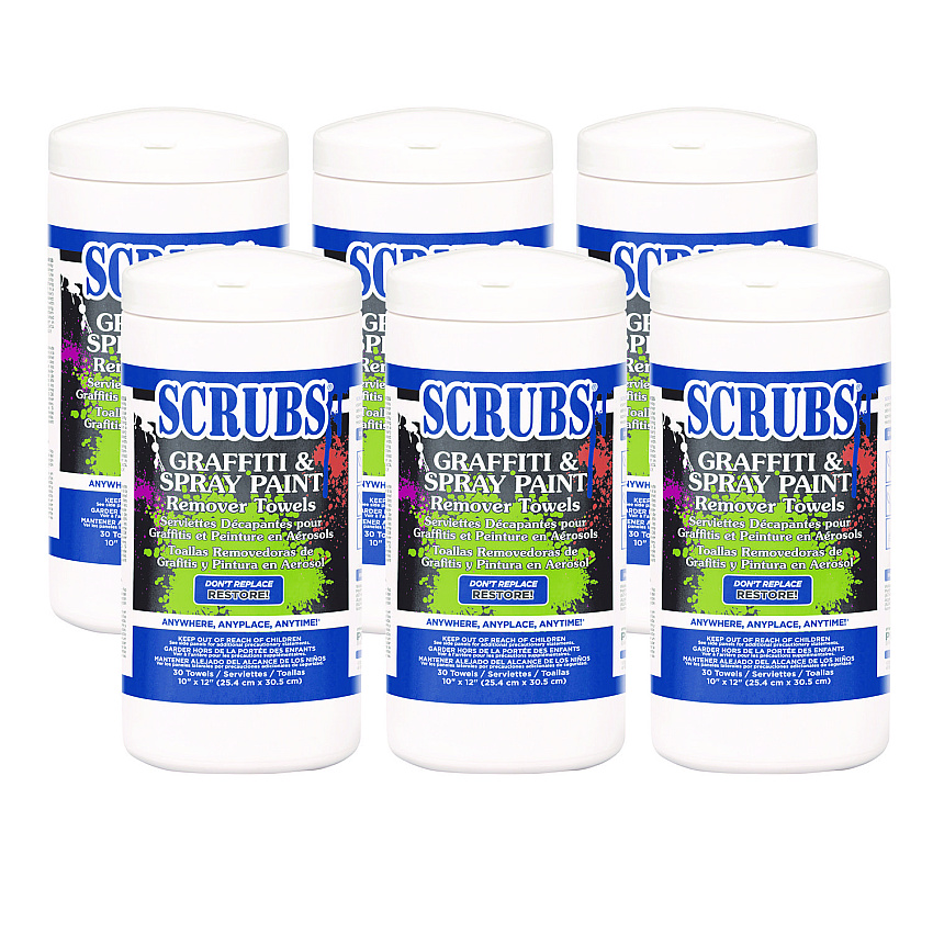 SCRUBS Graffiti and Paint Remover Towels, Citrus, 10 x 12, Neutral Scent, Orange on White, 30/Canister, 6 Canisters/Carton (90130CT)