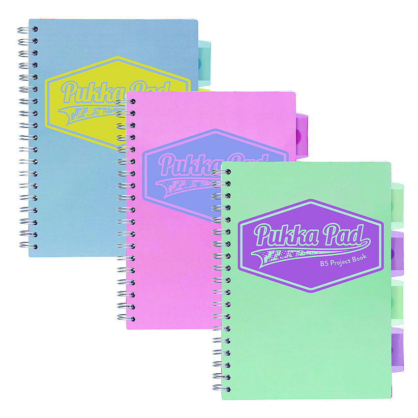 PUKKA PAD B5 Size Project Book, 4 -Subject, Medium/College Rule, Assorted Cover Colors, (100) 9.8 x 6.9 Sheets, 3/Pack (3032PST)