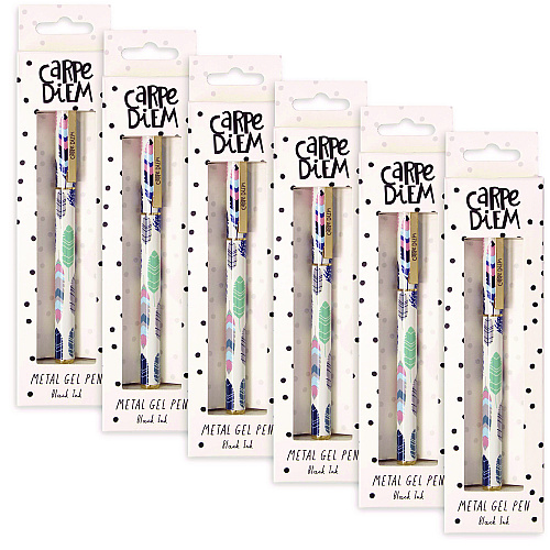PUKKA PAD Carpe Diem All Metal Gel Pens Gel Pen, Stick, Medium 0.7 mm, Black Ink, White/Blue/Green Feather Barrel, 6/Pack (9213CD)