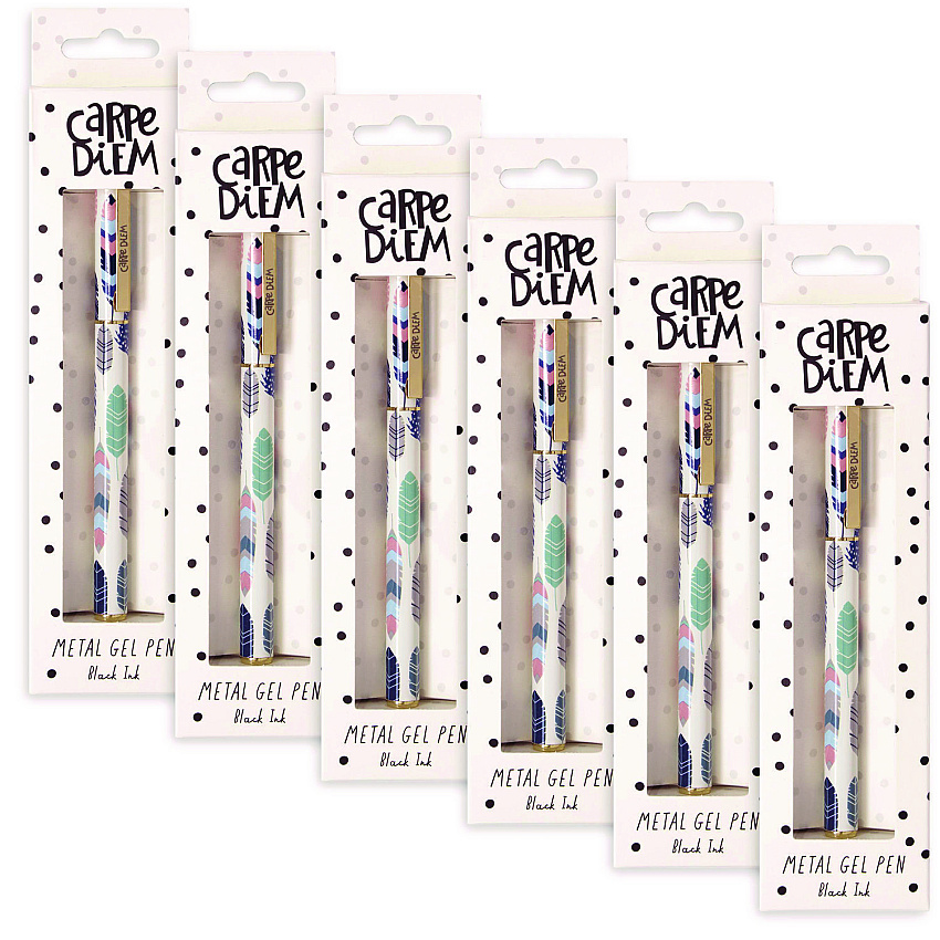 PUKKA PAD Carpe Diem All Metal Gel Pens Gel Pen, Stick, Medium 0.7 mm, Black Ink, White/Blue/Green Feather Barrel, 6/Pack (9213CD)