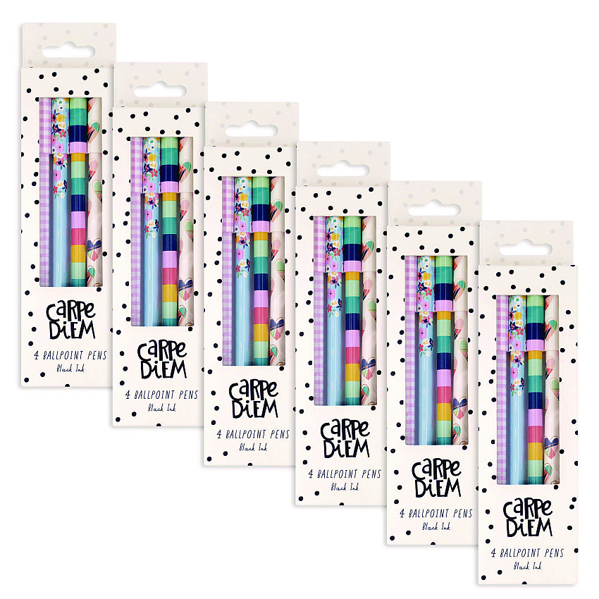 PUKKA PAD Carpe Diem Ballpoint Pen, Stick, Medium 0.7 mm, Black Ink, Assorted Ditzy Floral Collection, 4 Pens/Pack, 6 Packs/Box (9228CD)