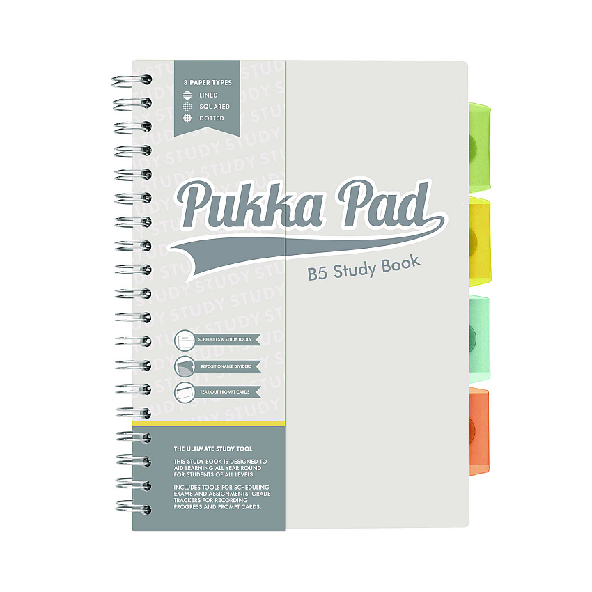 PUKKA PAD B5 Size Project Book, 4-Subject, Gray/White Study Book Cover, (100) 9.8 x 6.9 Sheets (9824STU)