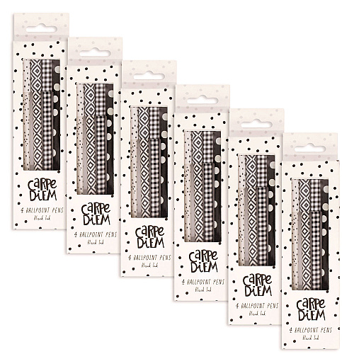 PUKKA PAD Carpe Diem Ballpoint Pen, Stick, Medium 0.7 mm, Black Ink, Assorted Black Collection, 4 Pens/Pack, 6 Packs/Box (9229CD)