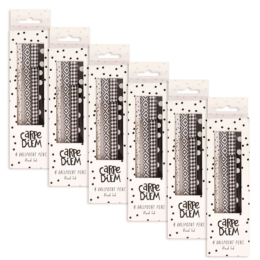 PUKKA PAD Carpe Diem Ballpoint Pen, Stick, Medium 0.7 mm, Black Ink, Assorted Black Collection, 4 Pens/Pack, 6 Packs/Box (9229CD)