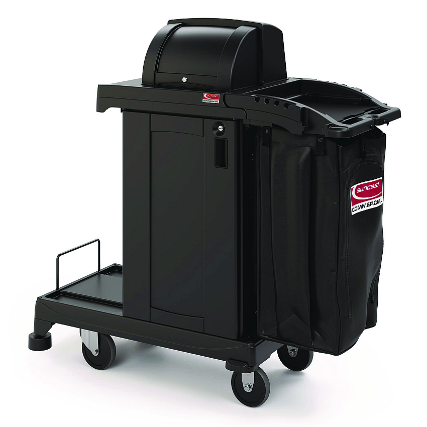 Suncast Commercial High Security Housekeeping Cart, Plastic, 1 Shelf, 3 Bins, 23.19 x 53.23 x 53.02, Black (CCH255A)