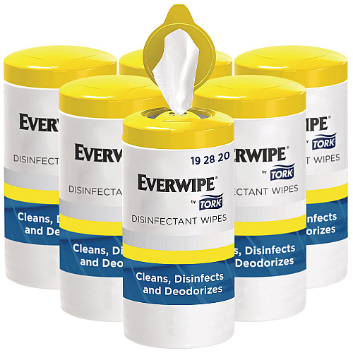 Tork Disinfectant Wipe Canisters, 1-Ply, 7 x 7, Lemon, White, 75 Sheets/Canister, 6/Carton (192820)