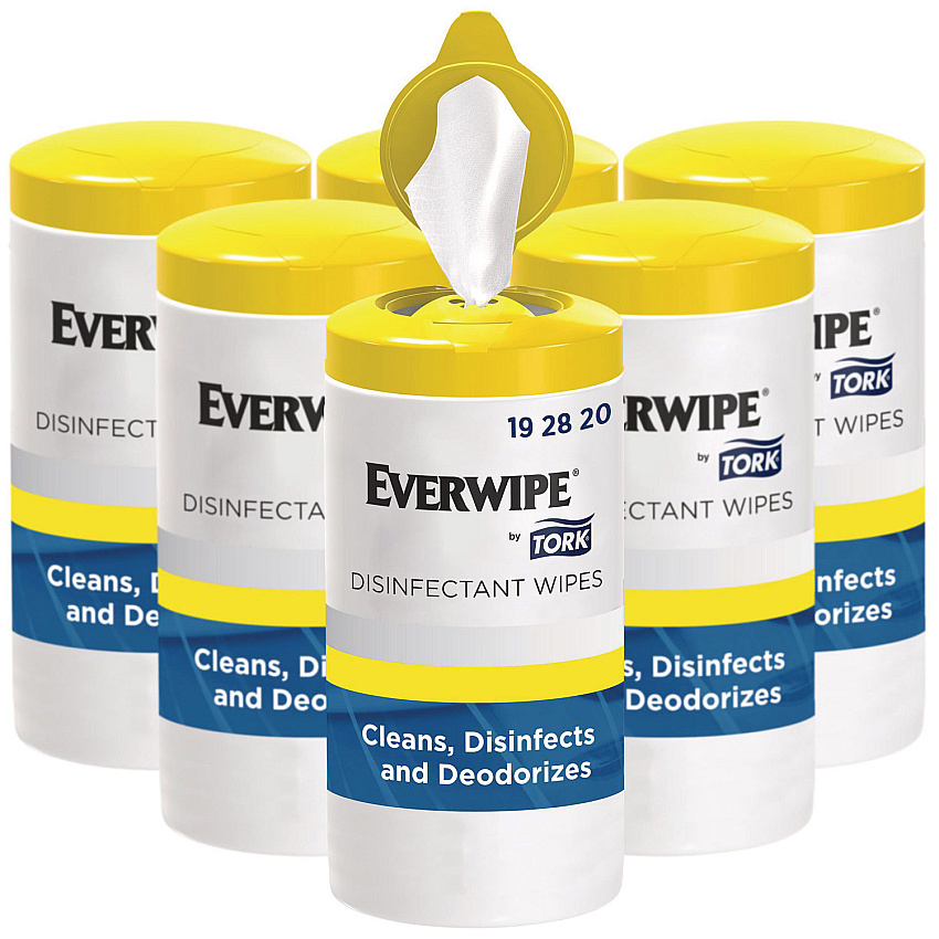 Tork Disinfectant Wipe Canisters, 1-Ply, 7 x 7, Lemon, White, 75 Sheets/Canister, 6/Carton (192820)