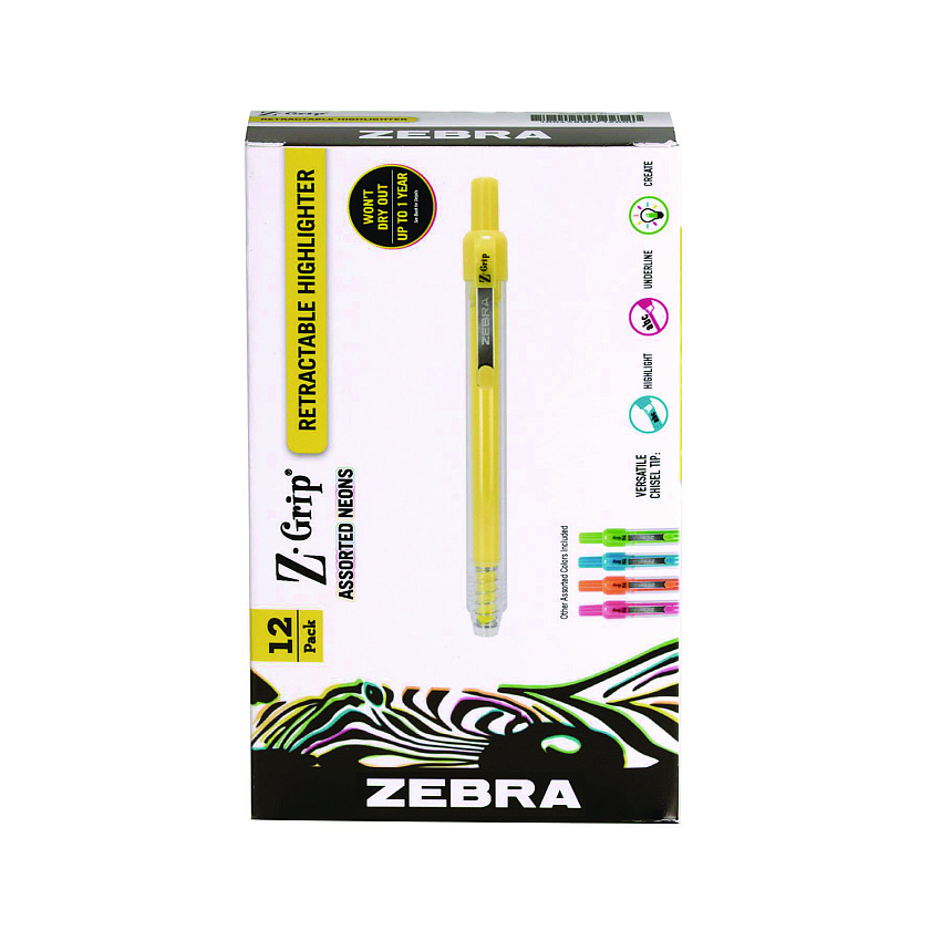 Zebra Z-Grip Retractable Highlighter Markers, Assorted Neon Ink, Chisel Tip, Assorted Neon Barrel, Dozen (71200)