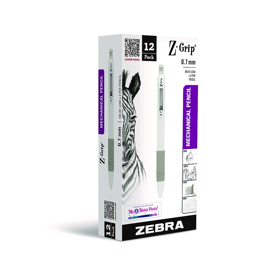 Zebra Z-Grip Plus Mechanical Pencil, 0.7, (#2), Black Lead, White Barrel, Dozen (50400)
