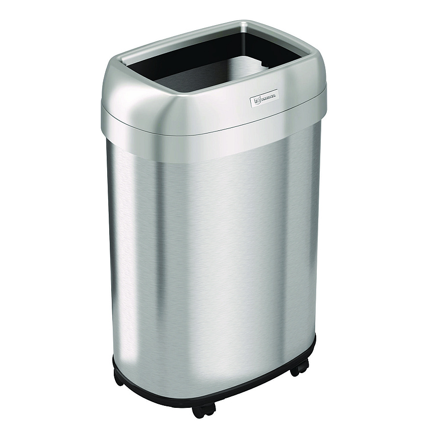 HLS Commercial Open Top Trash Can with Wheels, Oval, 13 gal, Plastic/Stainless Steel, Silver (HLS13STVM)