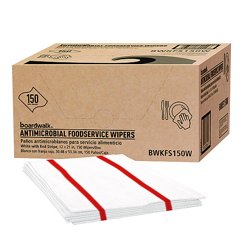 Boardwalk Antimicrobial Foodservice Wipers, 1-Ply, 12 x 21, Red/White, 150/Carton (BWKFS150W)