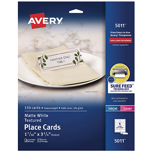 Avery Small Textured Tent Cards, White, 3.75 x 1.44, 6 Cards/Sheet, 25 Sheets/Pack (5011)