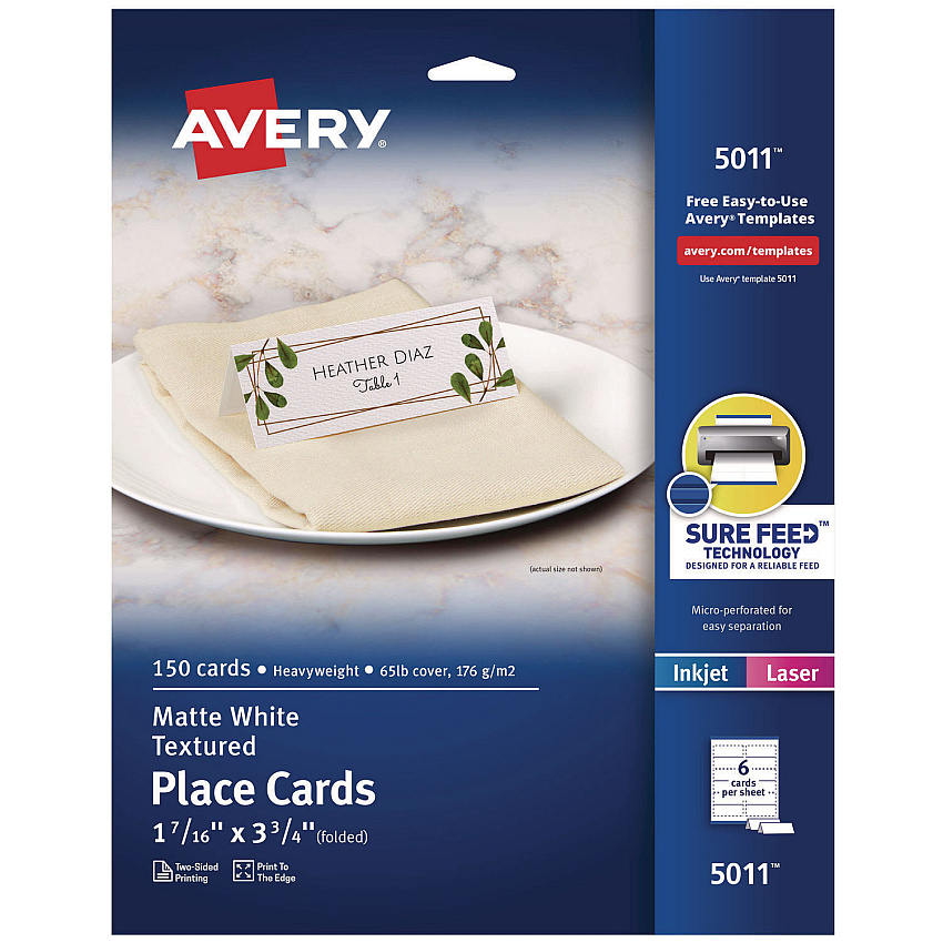 Avery Small Textured Tent Cards, White, 3.75 x 1.44, 6 Cards/Sheet, 25 Sheets/Pack (5011)