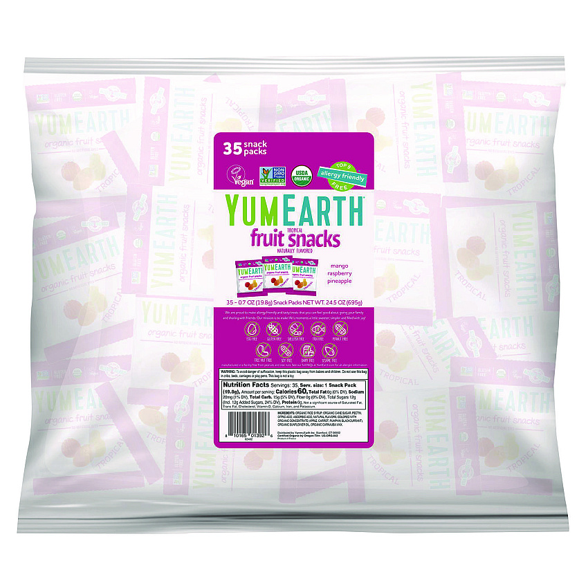 YumEarth Organic Tropical Fruit Pack Snacks, Assorted Flavors, 0.7 oz Bag, 35/Carton (22002294)