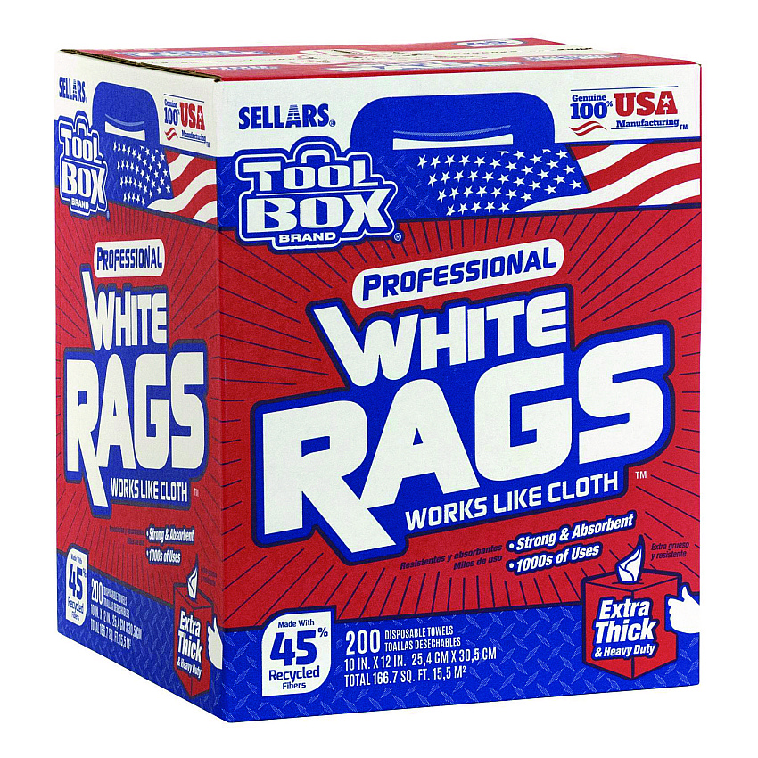 Sellars Absorbent Materials TOOLBOX White Rags, 1-Ply, 9.8 x 12, White, 200 Sheets/Box, 6 Boxes/Carton (58202)
