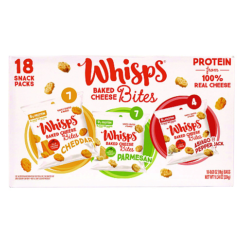 Whisps Baked Cheese Bites Variety Snack Packs, Assorted Flavors, 0.63 oz Packet, 18/Carton (22002347)